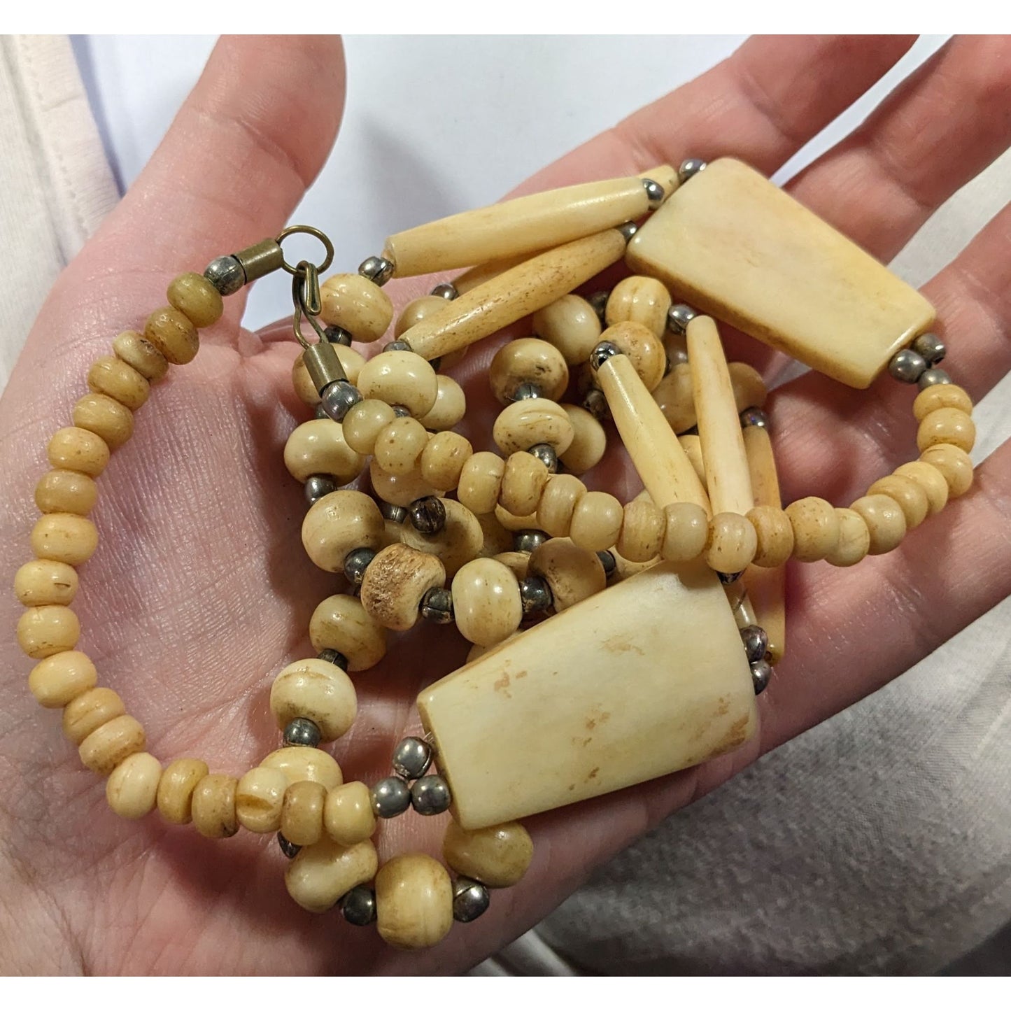 Vintage Tribal Carved Cow Bone Statement Necklace