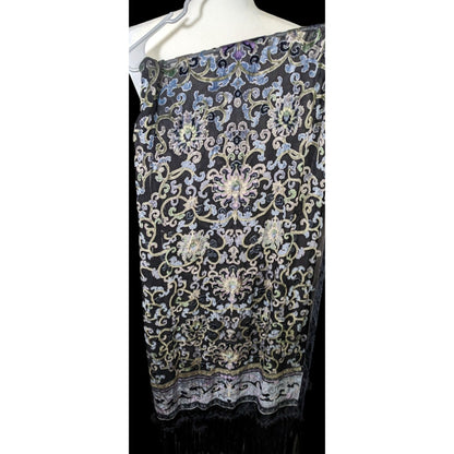 Vintage Fantasy Black And Pastel Velvet Burnout Scarf With Fringe And Pompoms