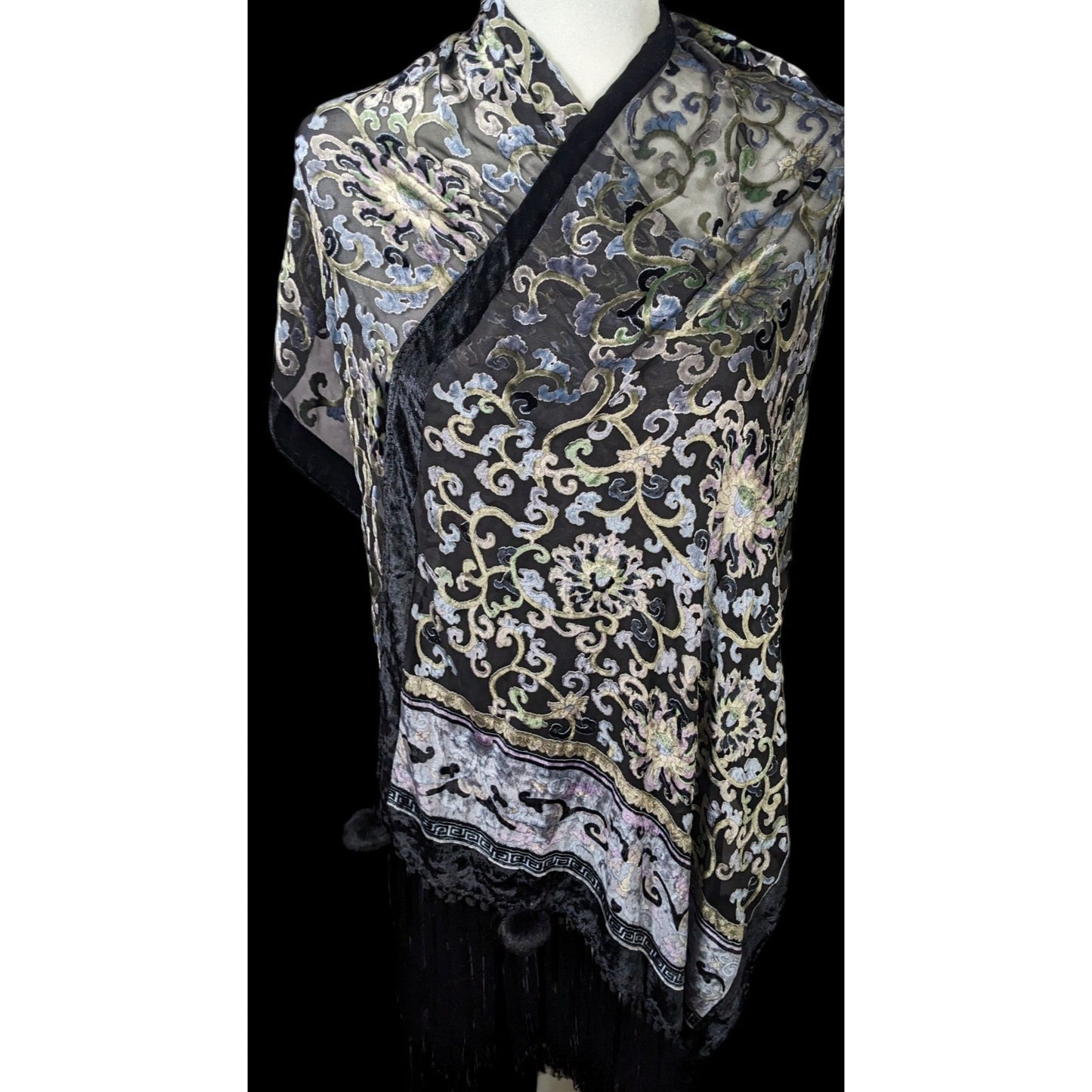 Vintage Fantasy Black And Pastel Velvet Burnout Scarf With Fringe And Pompoms