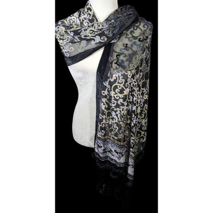 Vintage Fantasy Black And Pastel Velvet Burnout Scarf With Fringe And Pompoms