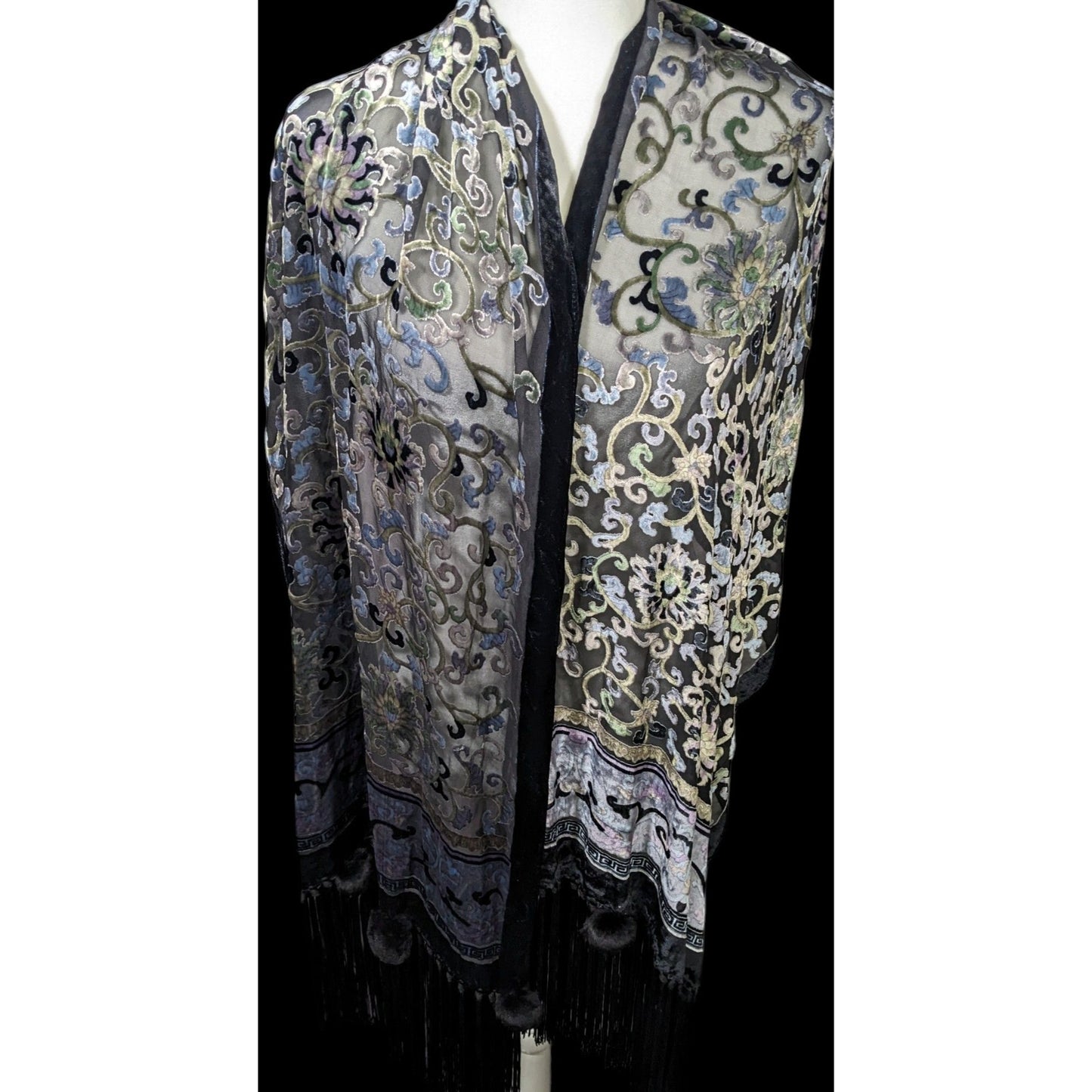 Vintage Fantasy Black And Pastel Velvet Burnout Scarf With Fringe And Pompoms