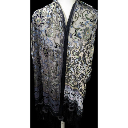 Vintage Fantasy Black And Pastel Velvet Burnout Scarf With Fringe And Pompoms