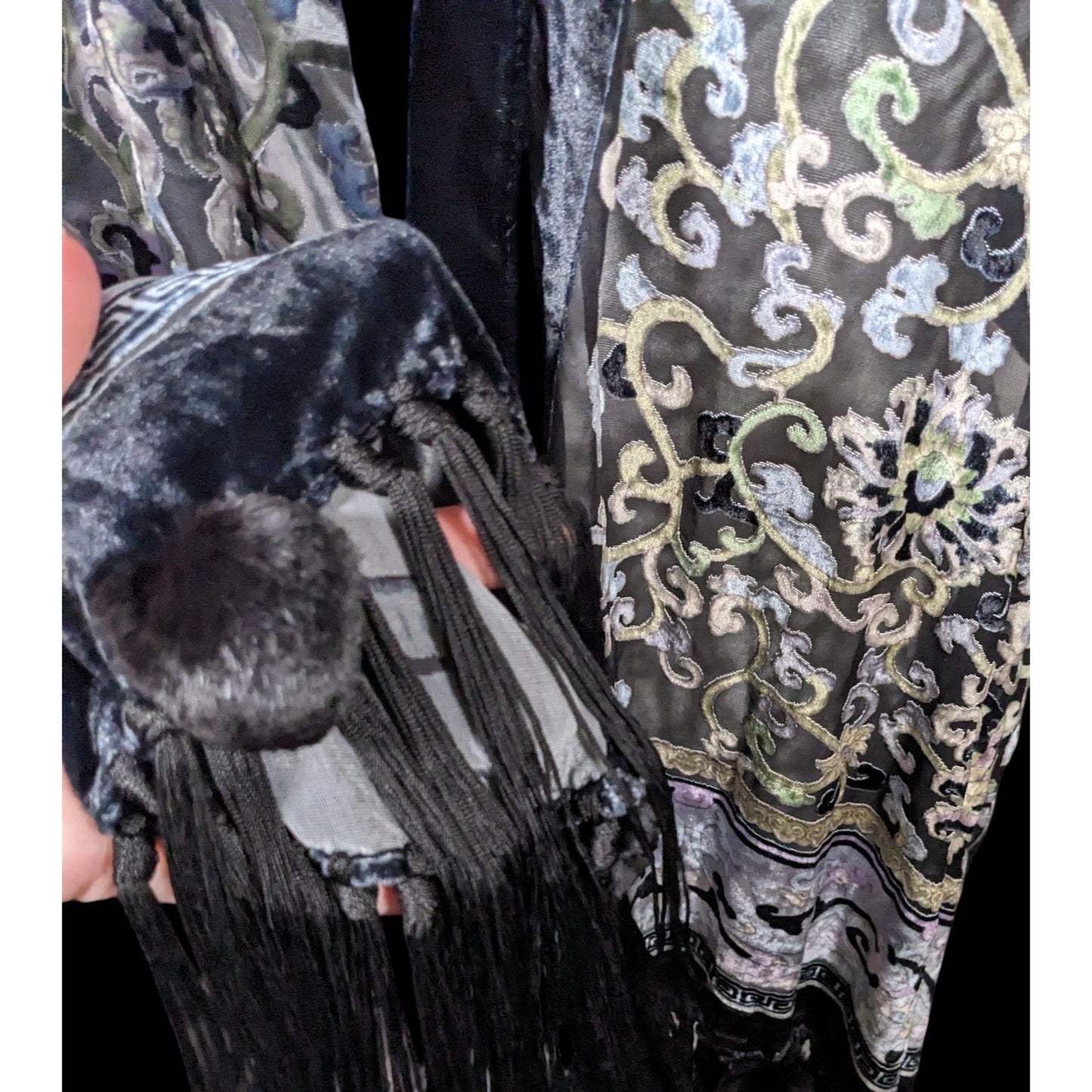 Vintage Fantasy Black And Pastel Velvet Burnout Scarf With Fringe And Pompoms