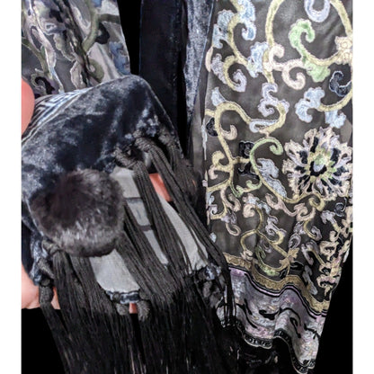 Vintage Fantasy Black And Pastel Velvet Burnout Scarf With Fringe And Pompoms