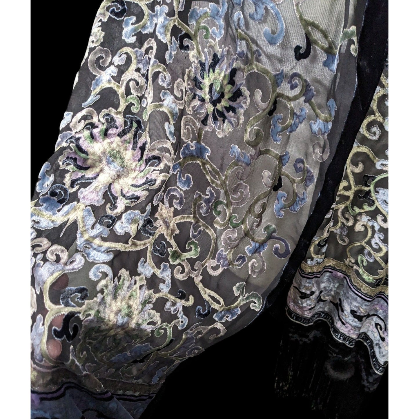 Vintage Fantasy Black And Pastel Velvet Burnout Scarf With Fringe And Pompoms