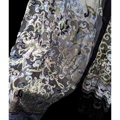 Vintage Fantasy Black And Pastel Velvet Burnout Scarf With Fringe And Pompoms