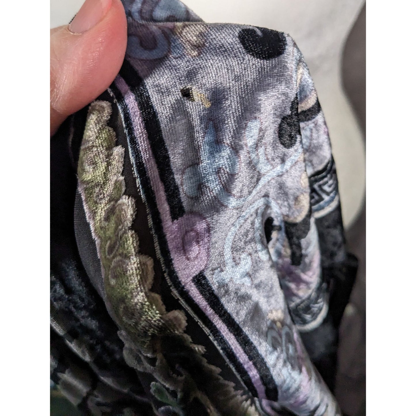 Vintage Fantasy Black And Pastel Velvet Burnout Scarf With Fringe And Pompoms