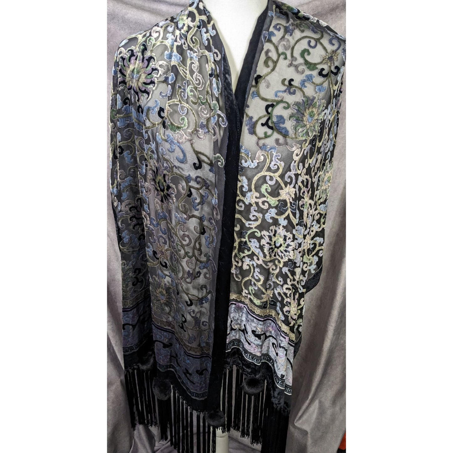 Vintage Fantasy Black And Pastel Velvet Burnout Scarf With Fringe And Pompoms