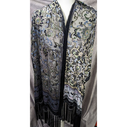 Vintage Fantasy Black And Pastel Velvet Burnout Scarf With Fringe And Pompoms