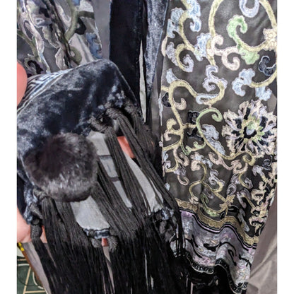 Vintage Fantasy Black And Pastel Velvet Burnout Scarf With Fringe And Pompoms