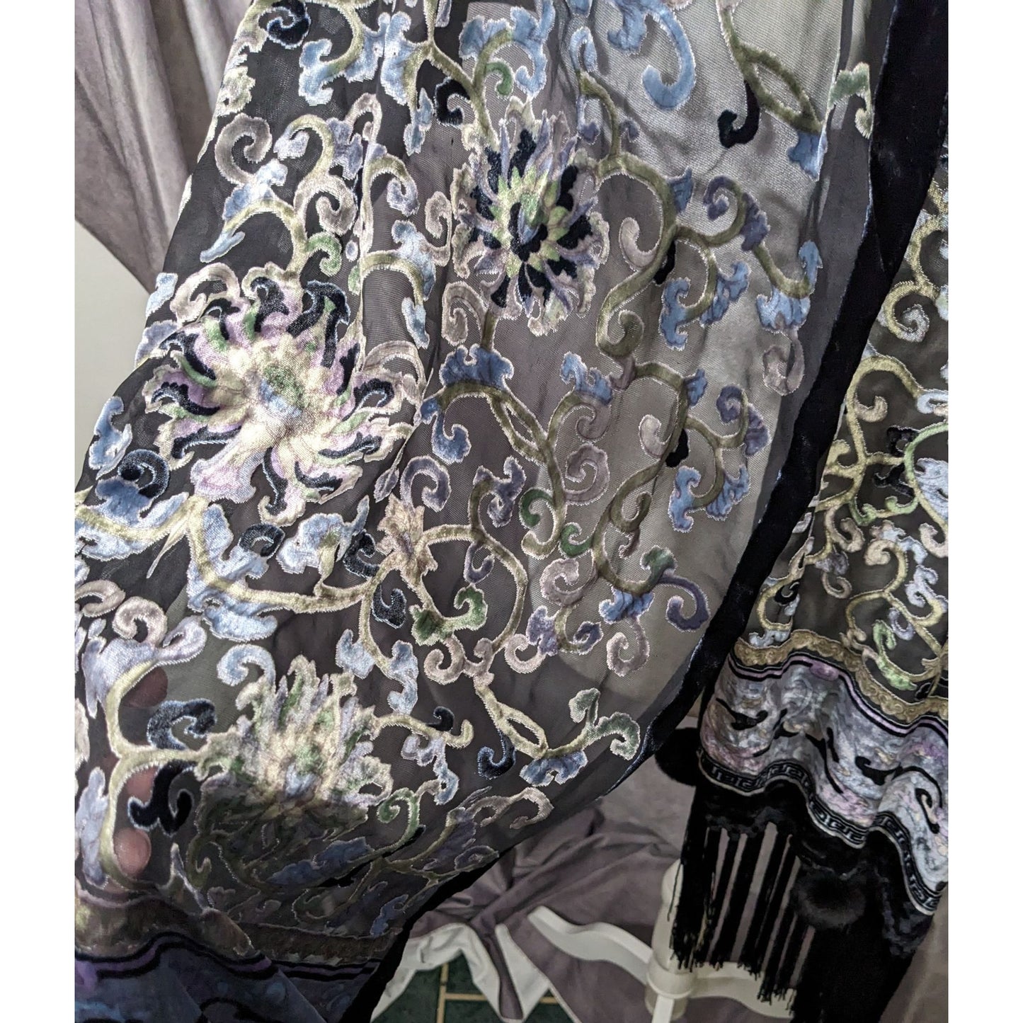 Vintage Fantasy Black And Pastel Velvet Burnout Scarf With Fringe And Pompoms