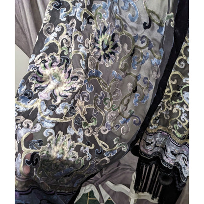 Vintage Fantasy Black And Pastel Velvet Burnout Scarf With Fringe And Pompoms