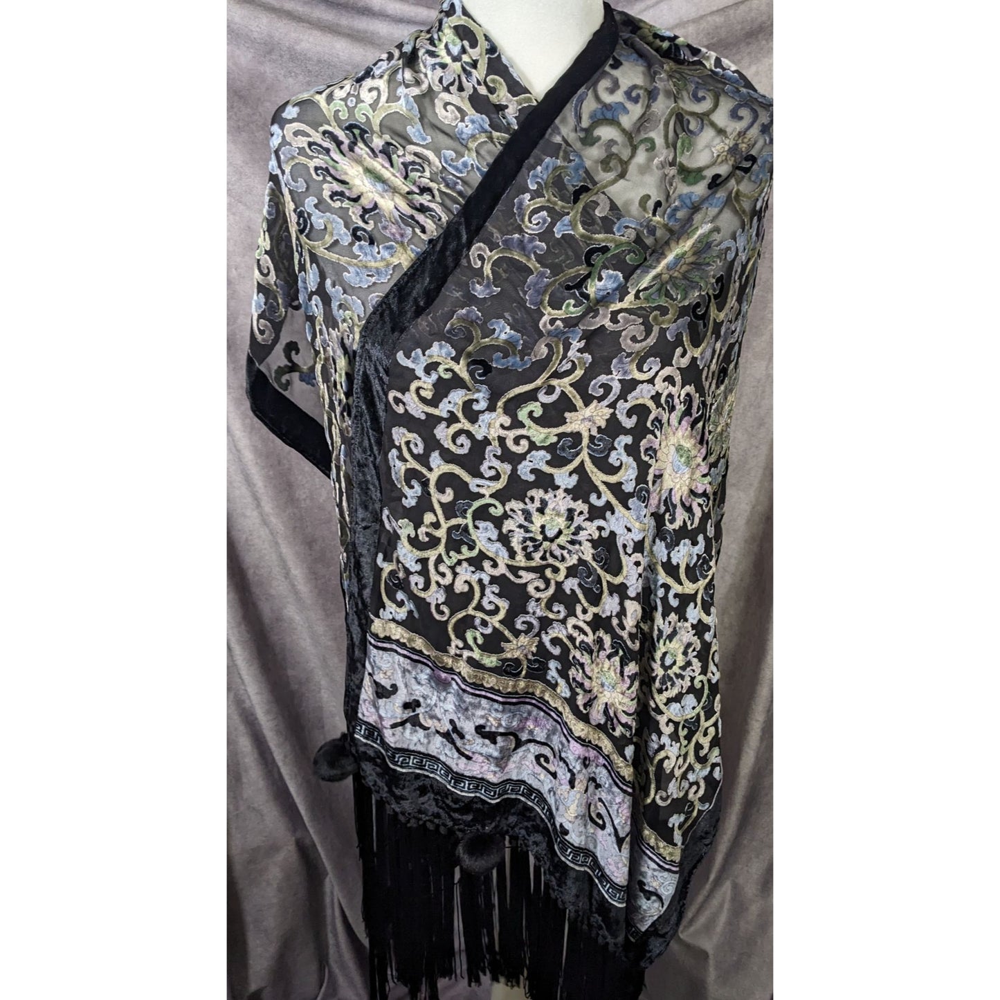 Vintage Fantasy Black And Pastel Velvet Burnout Scarf With Fringe And Pompoms