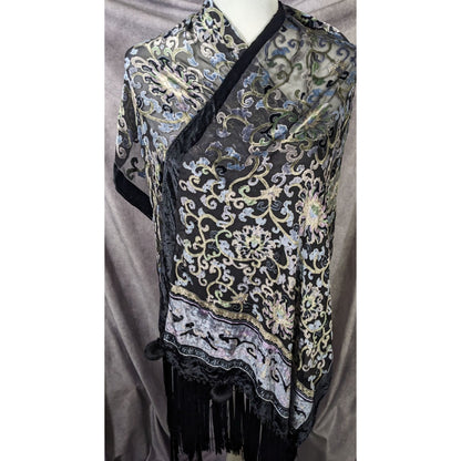 Vintage Fantasy Black And Pastel Velvet Burnout Scarf With Fringe And Pompoms