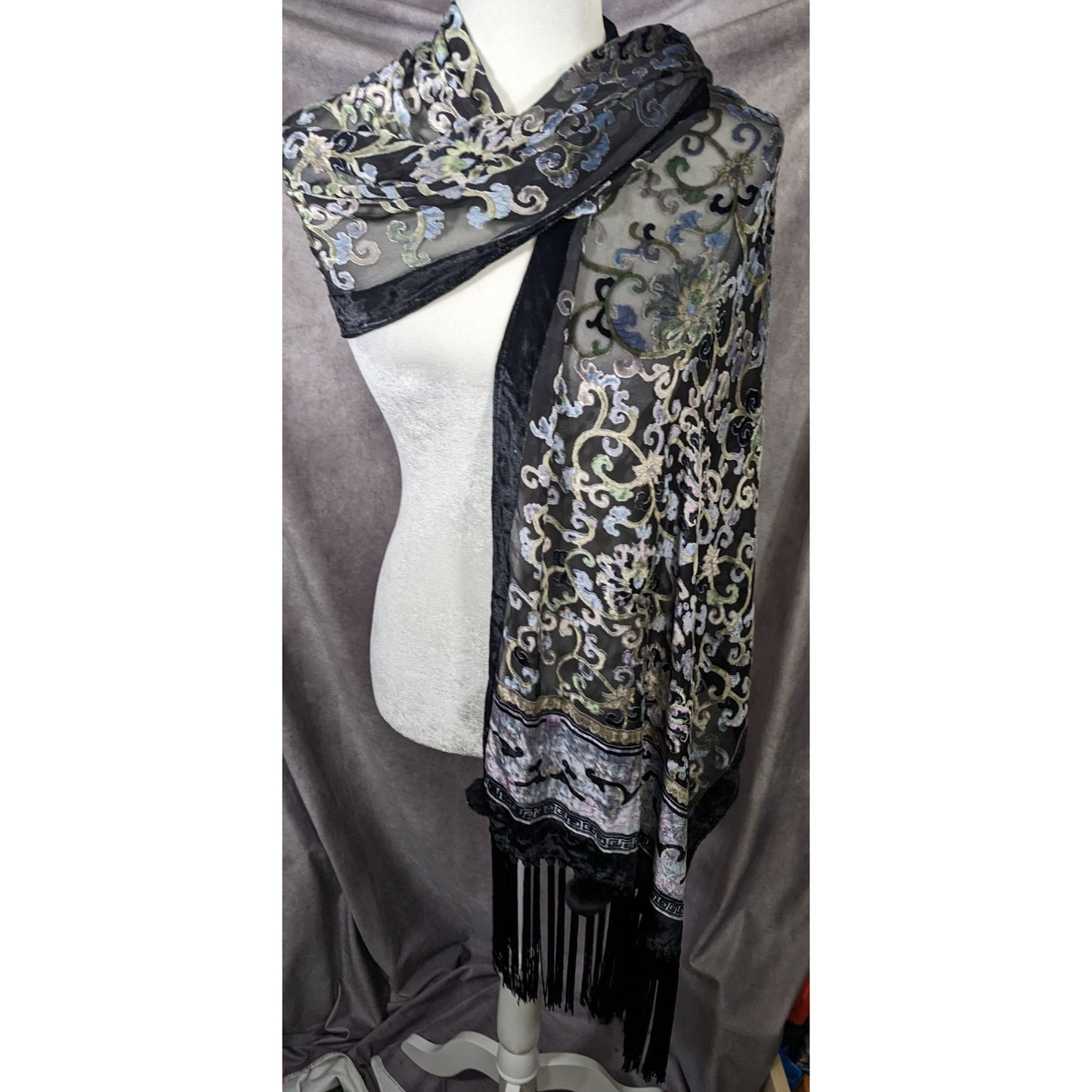 Vintage Fantasy Black And Pastel Velvet Burnout Scarf With Fringe And Pompoms