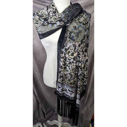 Vintage Fantasy Black And Pastel Velvet Burnout Scarf With Fringe And Pompoms
