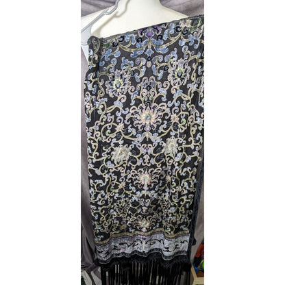 Vintage Fantasy Black And Pastel Velvet Burnout Scarf With Fringe And Pompoms