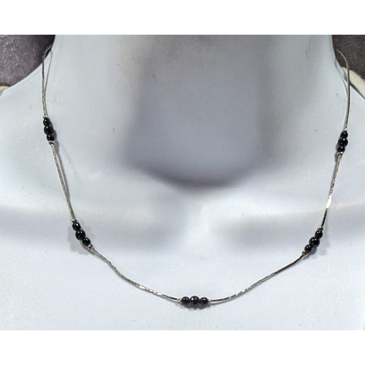 Elegant Minimalist Black And Silver Tone Station Necklace