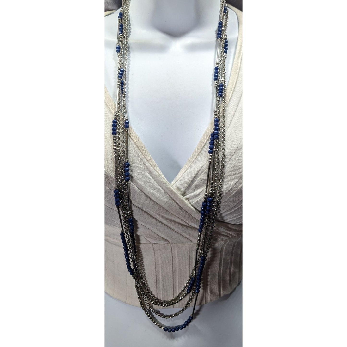 Premier Designs Layered Beaded Blue And Silver Tone Necklace