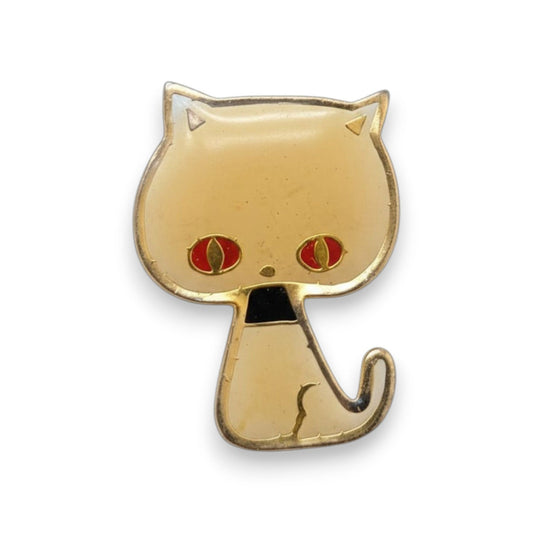 Vintage Whimsical Enamel Cream Gold Tone Cat Mini Brooch 1 Inch