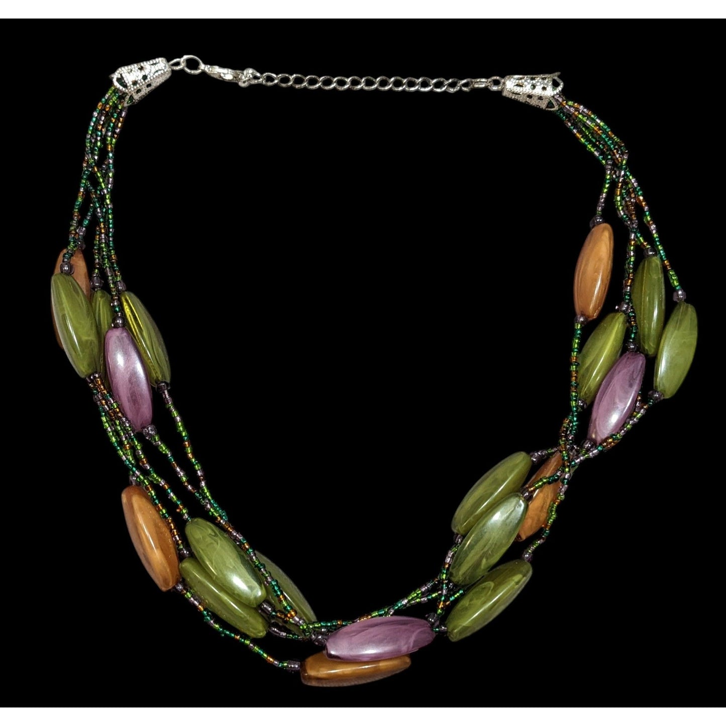 Vintage Retro Lucite And Glass Green Purple And Orange Beaded Necklace