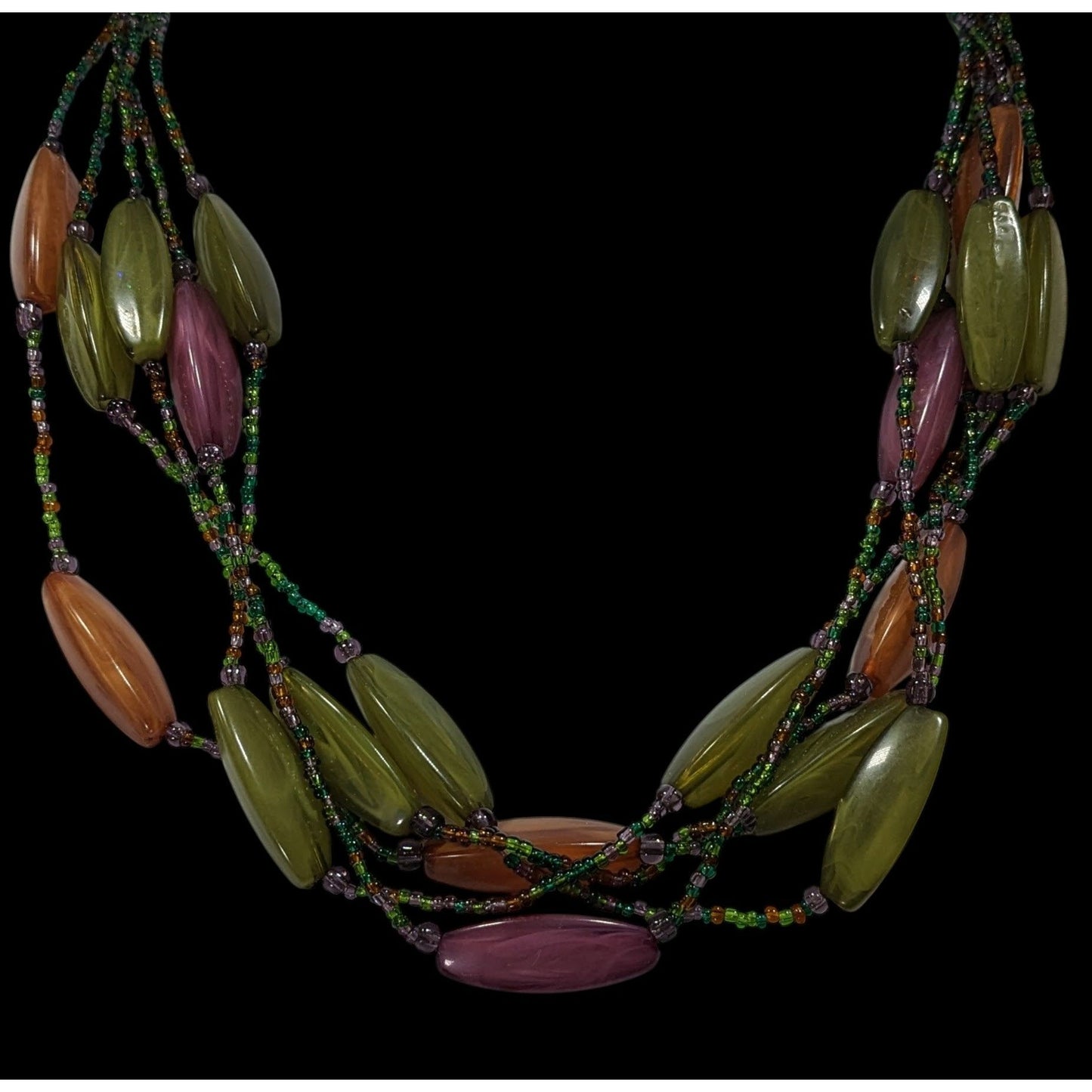 Vintage Retro Lucite And Glass Green Purple And Orange Beaded Necklace