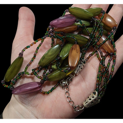 Vintage Retro Lucite And Glass Green Purple And Orange Beaded Necklace
