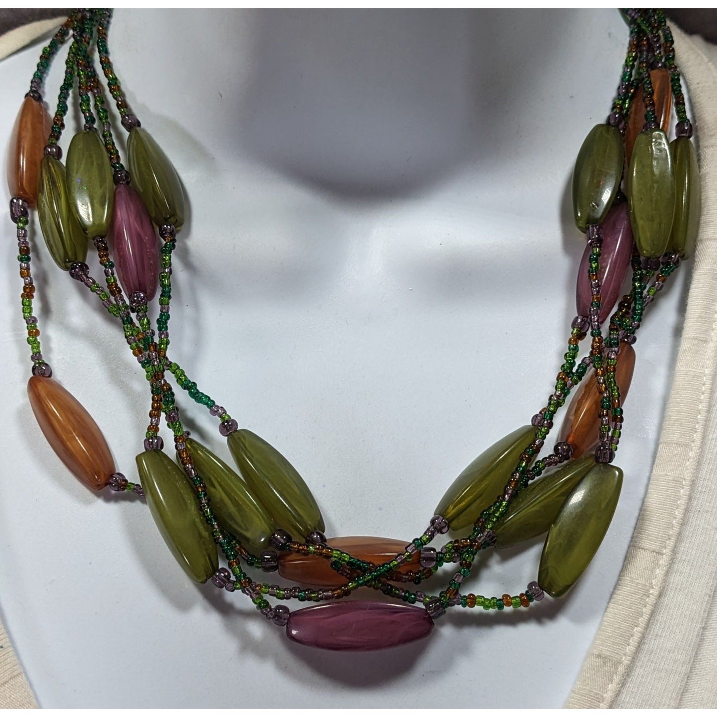 Vintage Retro Lucite And Glass Green Purple And Orange Beaded Necklace