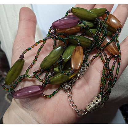 Vintage Retro Lucite And Glass Green Purple And Orange Beaded Necklace