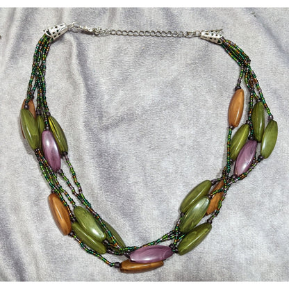 Vintage Retro Lucite And Glass Green Purple And Orange Beaded Necklace