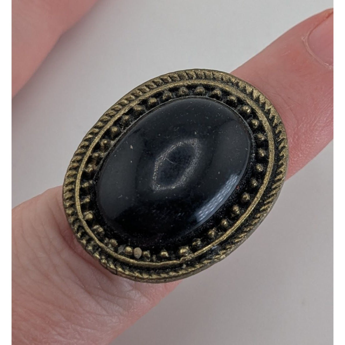 Gothic Victorian Black Cabochon Antiqued Gold Tone Ring Size 6 Adjustable