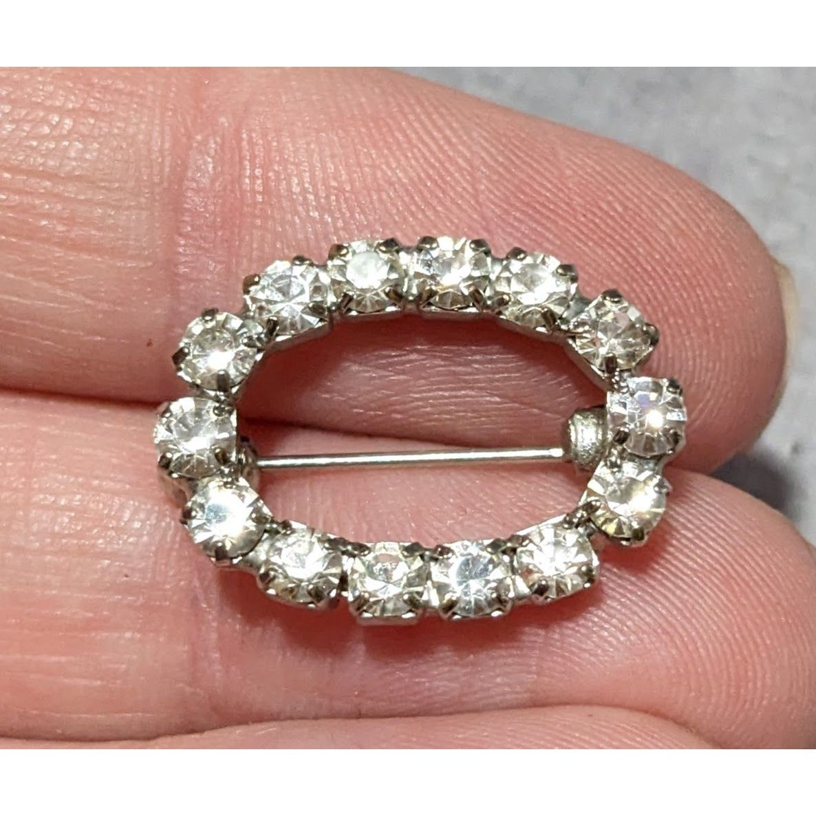 Vintage Silver Tone Rhinestone Open Oval Brooch