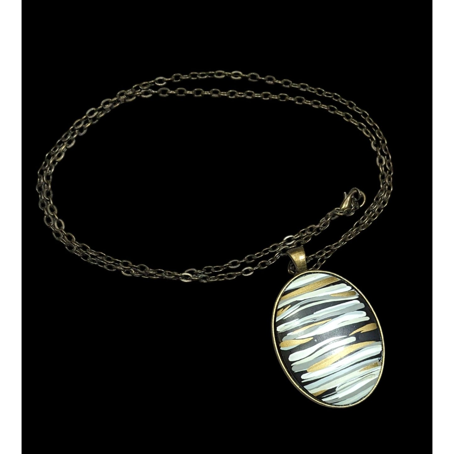 Hand Painted Striped Black White And Gold Tone Pendant Necklace