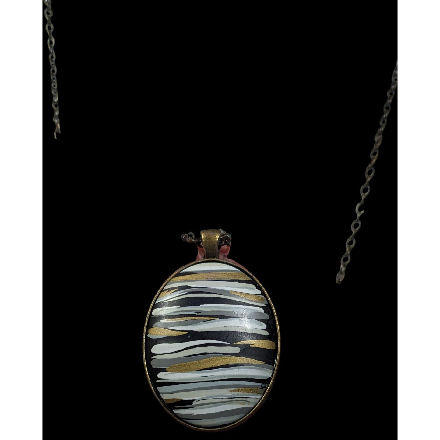 Hand Painted Striped Black White And Gold Tone Pendant Necklace