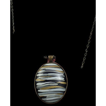 Hand Painted Striped Black White And Gold Tone Pendant Necklace