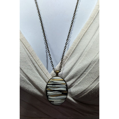 Hand Painted Striped Black White And Gold Tone Pendant Necklace
