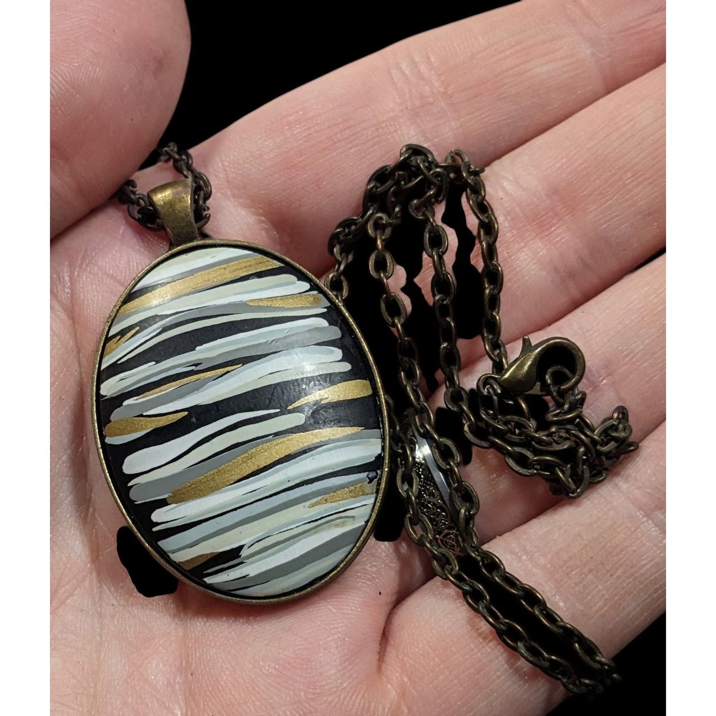 Hand Painted Striped Black White And Gold Tone Pendant Necklace