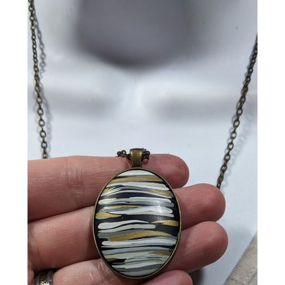 Hand Painted Striped Black White And Gold Tone Pendant Necklace