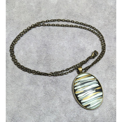 Hand Painted Striped Black White And Gold Tone Pendant Necklace