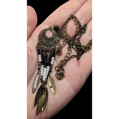 Bohemian Glass And Feather Charm Fringe Pendant Necklace