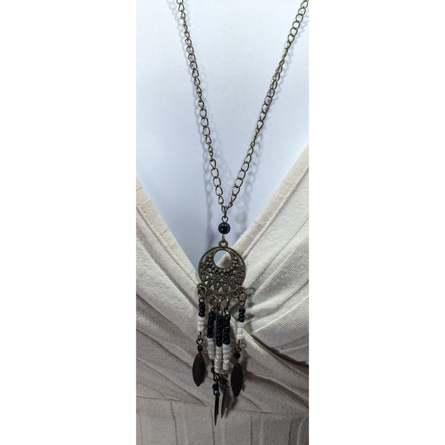 Bohemian Glass And Feather Charm Fringe Pendant Necklace