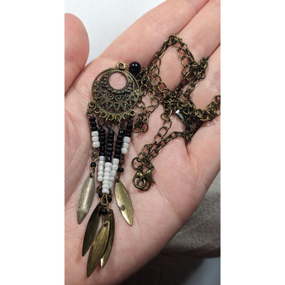Bohemian Glass And Feather Charm Fringe Pendant Necklace
