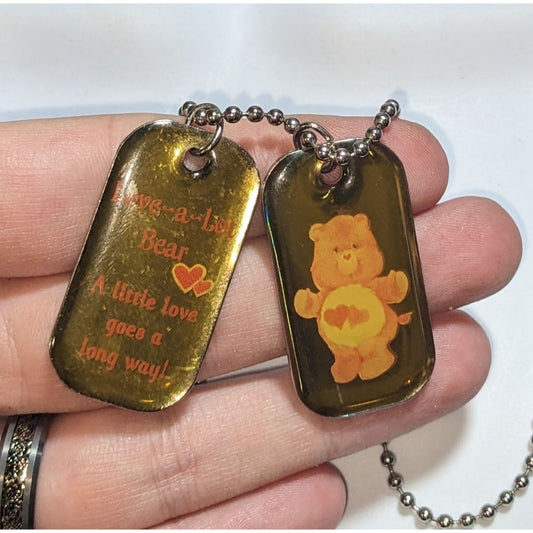 Vintage Kidcore Care Bears Love-A-Lot Bear Double Dog Tag Necklace