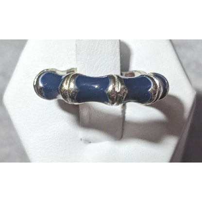 Vintage Bamboo Style Blue Enamel Silver Tone Ring Size 8