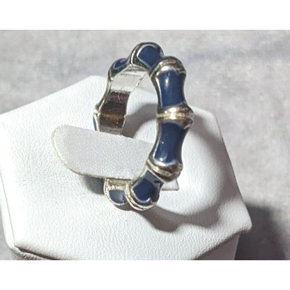 Vintage Bamboo Style Blue Enamel Silver Tone Ring Size 8