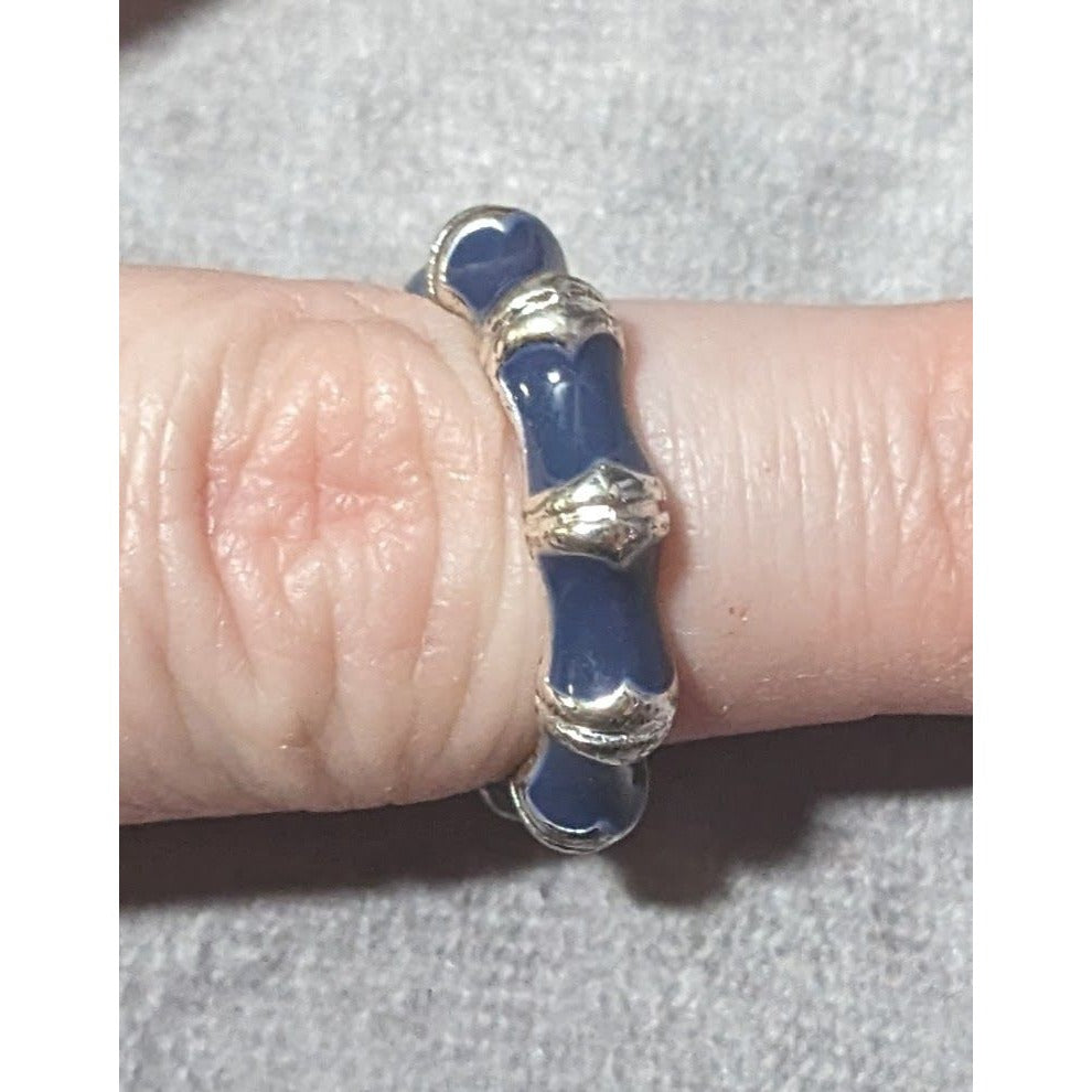 Vintage Bamboo Style Blue Enamel Silver Tone Ring Size 8