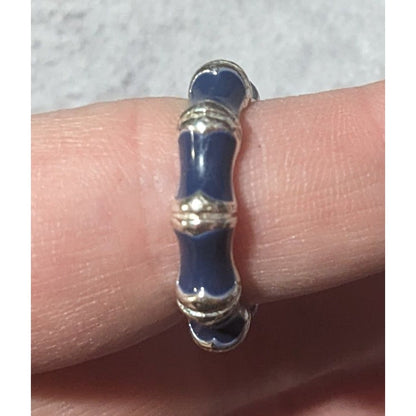 Vintage Bamboo Style Blue Enamel Silver Tone Ring Size 8