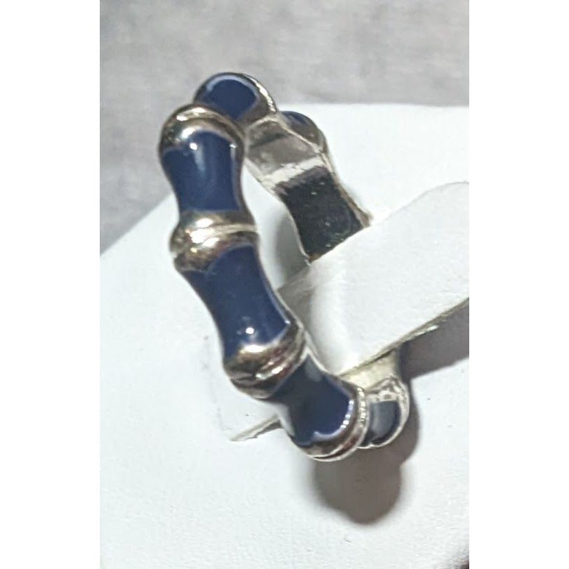 Vintage Bamboo Style Blue Enamel Silver Tone Ring Size 8