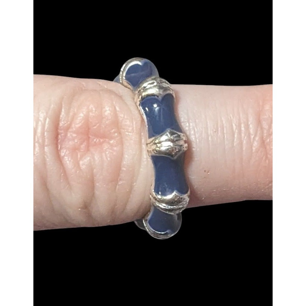 Vintage Bamboo Style Blue Enamel Silver Tone Ring Size 8