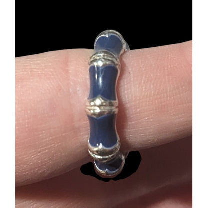 Vintage Bamboo Style Blue Enamel Silver Tone Ring Size 8